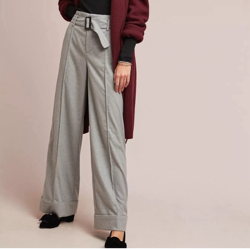 Anthropologie Cartonnier Hayworth Cuffed Wide Leg Belted Grey Trousers Pants 16